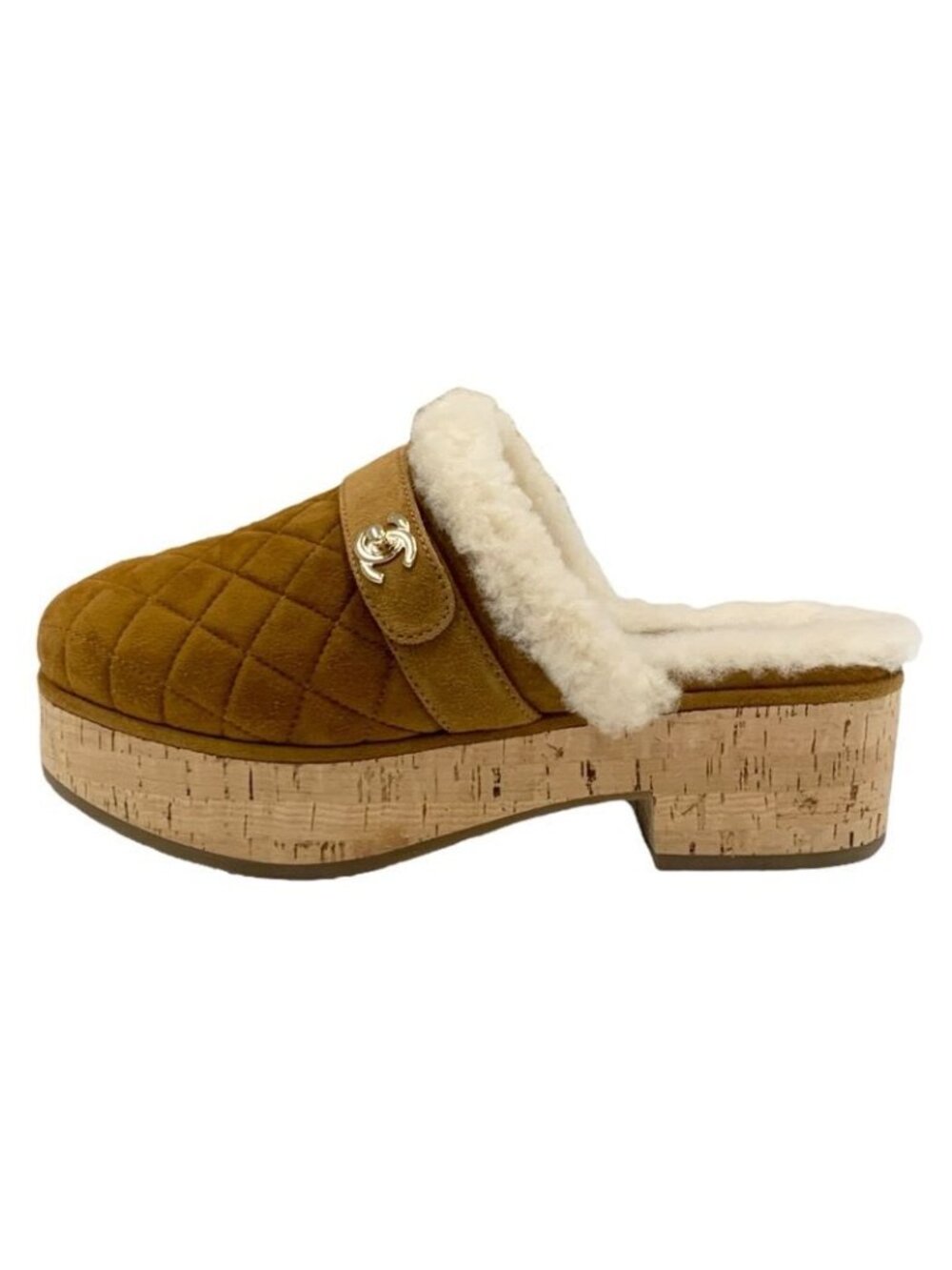 Chanel Sandals Shoes Suede Mouton Cork Brown Gold Clog Mules Turnlock Coco Mark - Picture 3 of 10